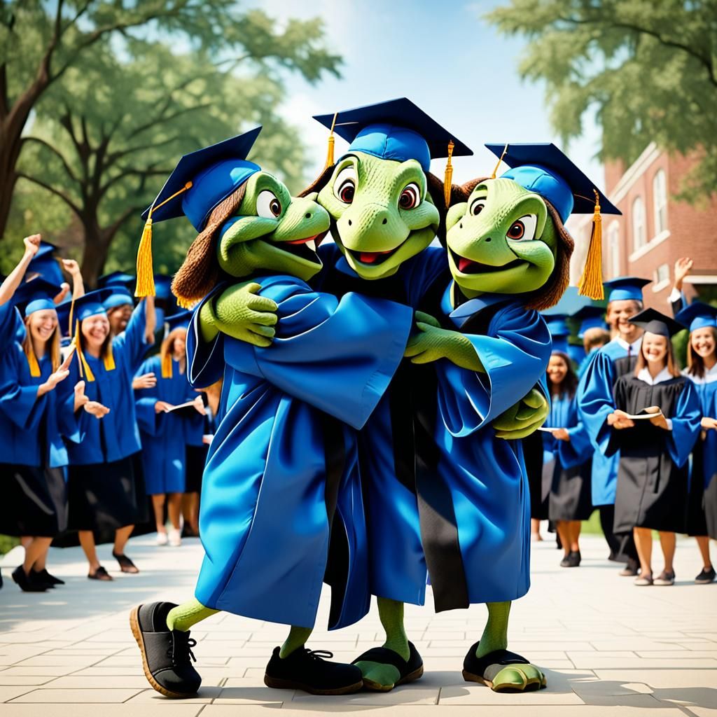 Turtles celebrating graduation throwing off their caps and hugging each other.