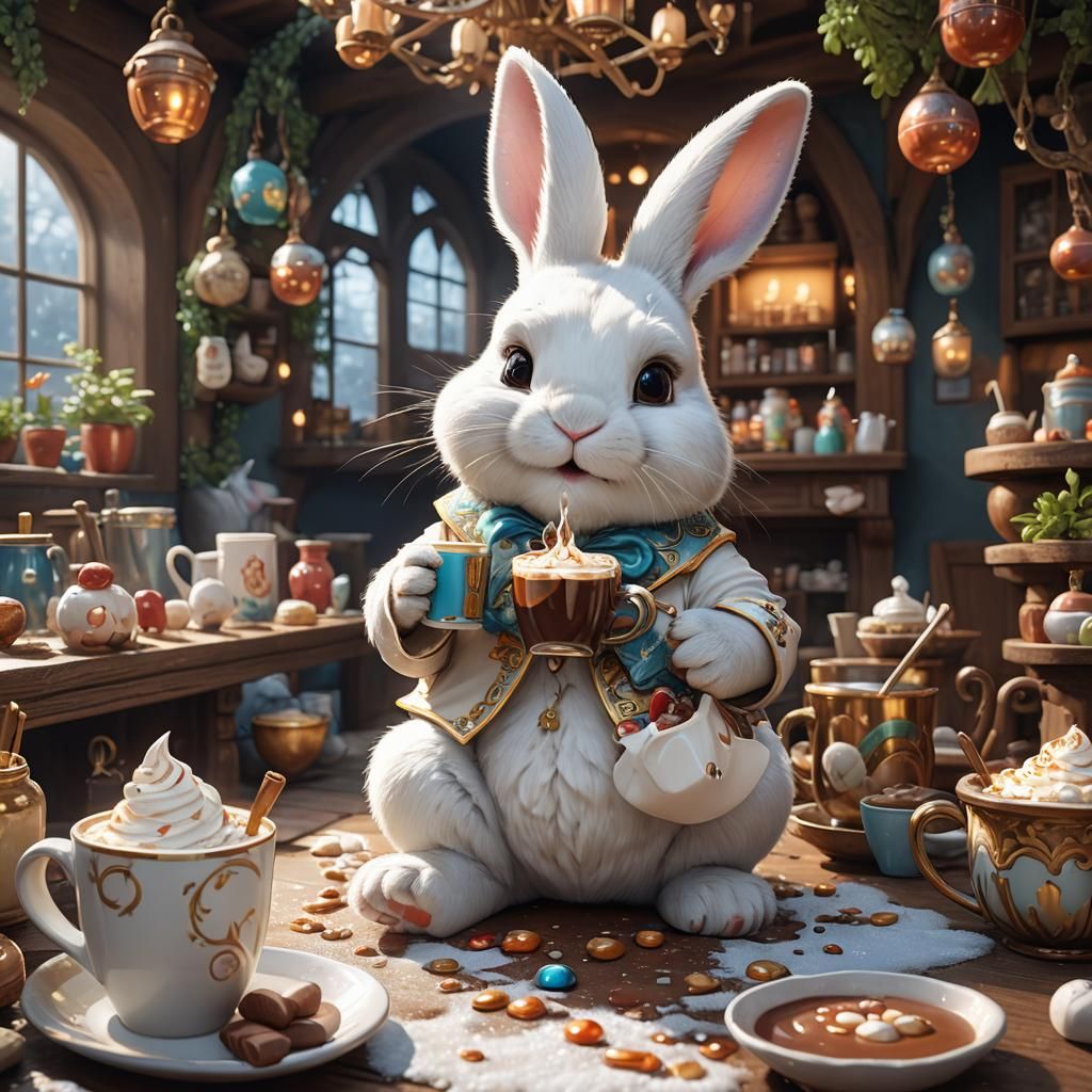 Chubby Bunny Enjoying Hot Chocolate: Detailed Digital Art