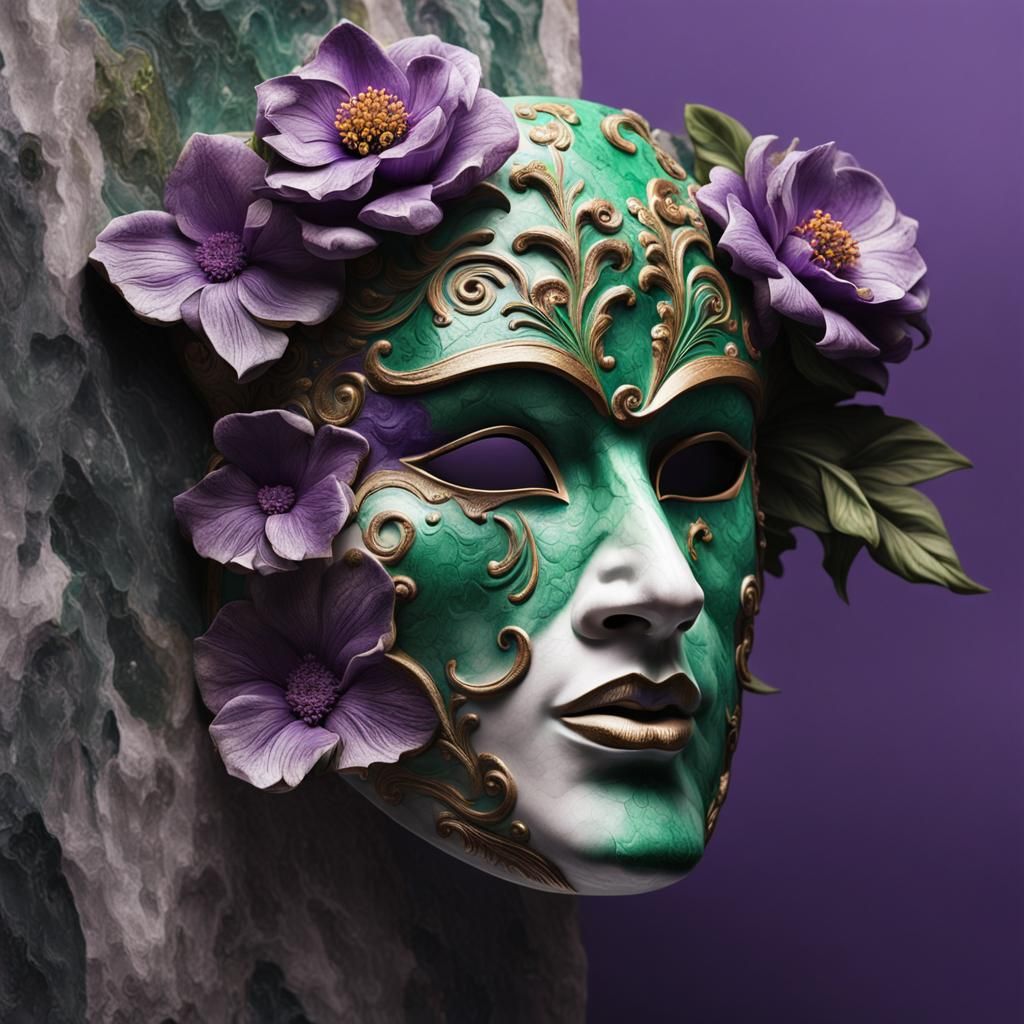 Detailed Marble Venice Mask with Flowers in Splash Art