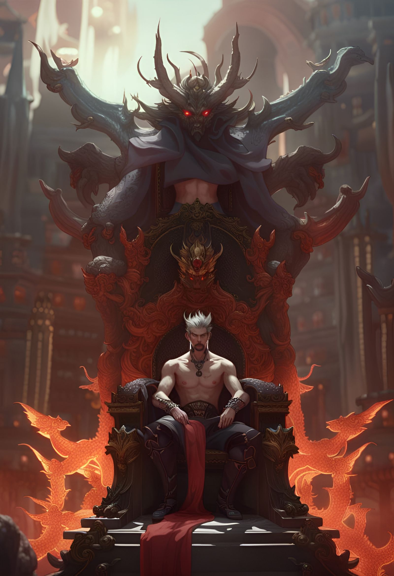 Hyperdetailed Demon King on Throne with Followers