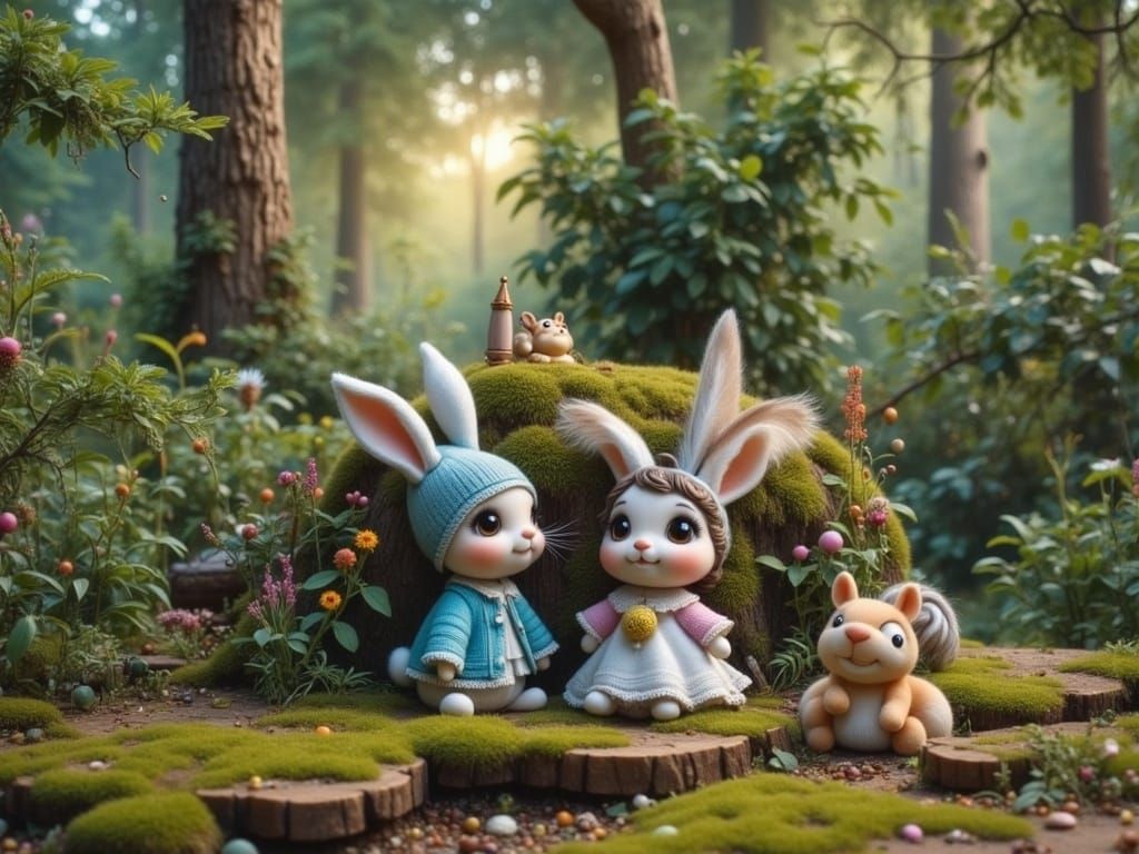 Whimsical Bunny and Squirrel in Forest Glade