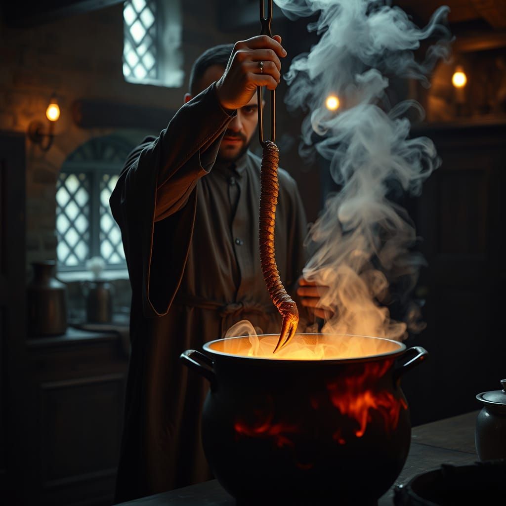 Dragonborn Alchemist Brews Potion in Castle Kitchen