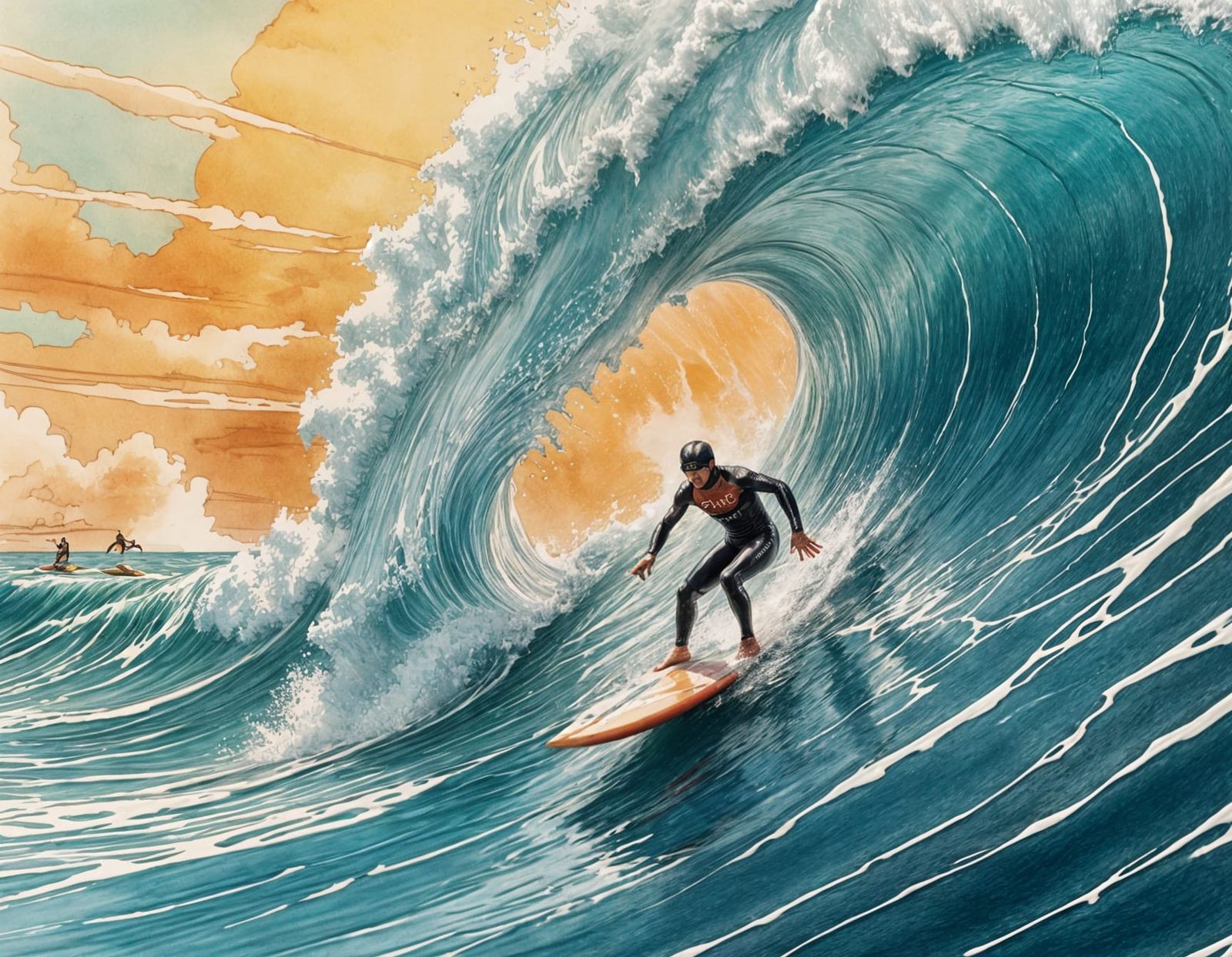 Ethereal Surfer Rides High-Tech Surfboard Through Cosmic Wav...