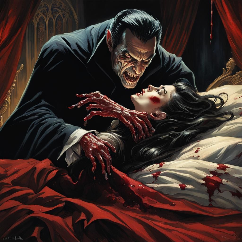 Dark Fantasy Dracula Biting Woman, Ornate Details
