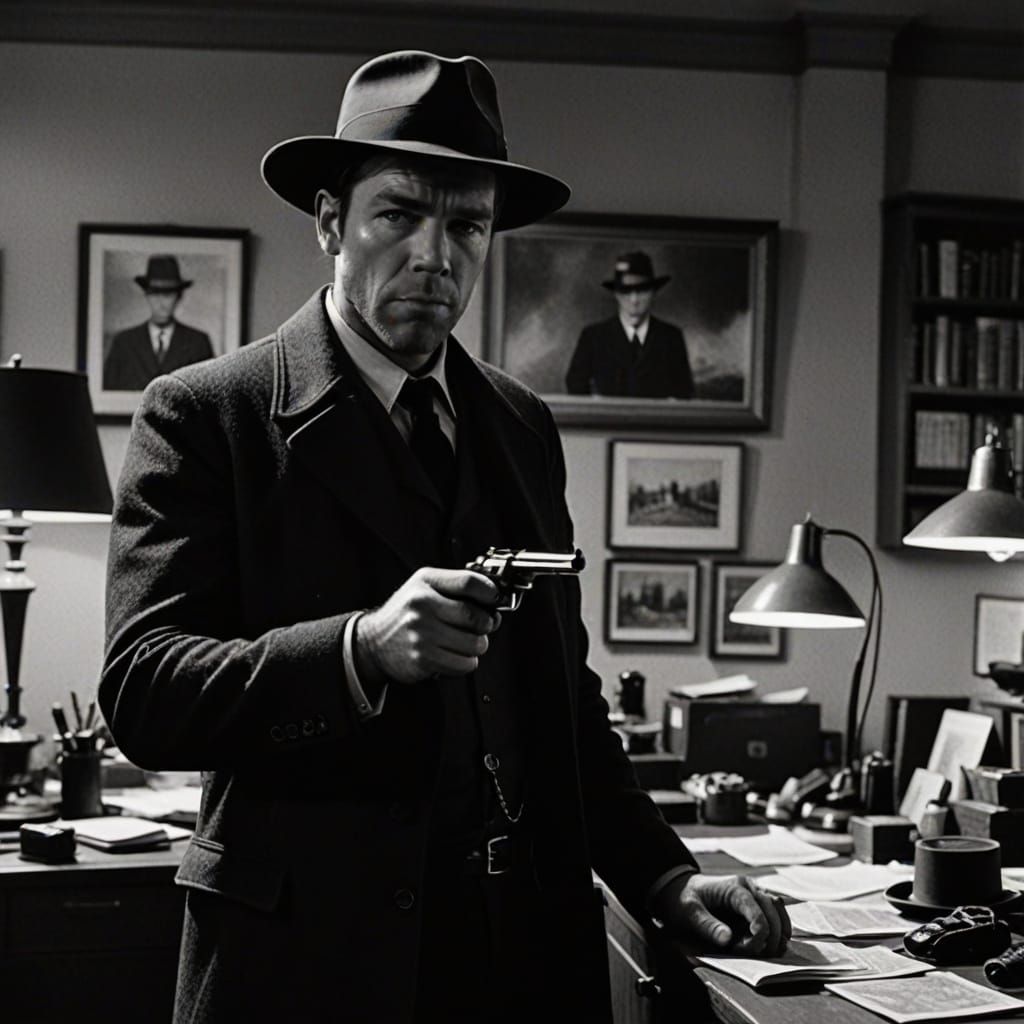 Gritty Film Noir Portrait of a Detective at Work