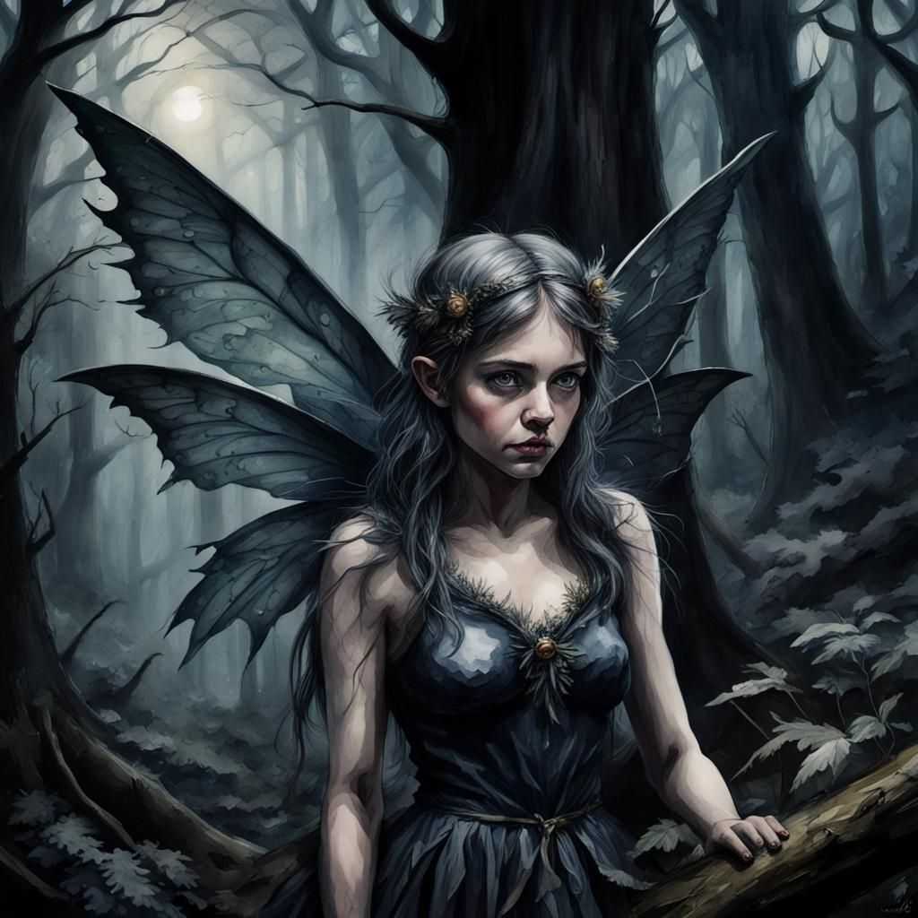 Dark and moody watercolor fairy