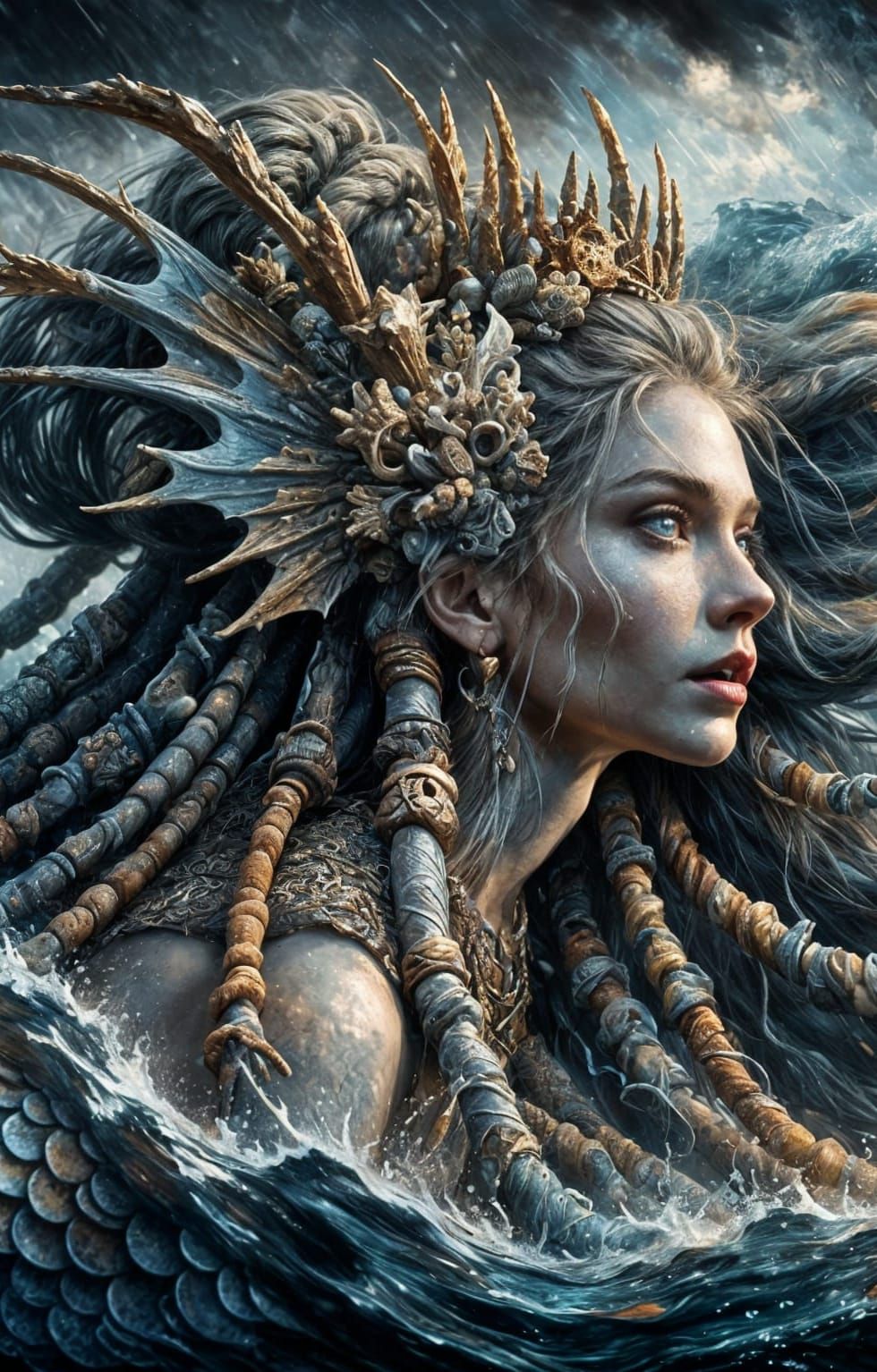 Viking Mermaid Goddess of Storms in Impressionist Style