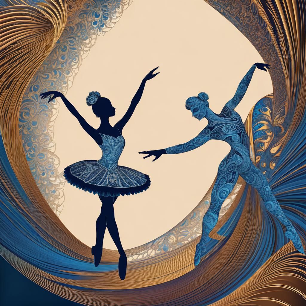 Ballerina and Ballerino Puppets Dance in Abstract Fractal Ar...