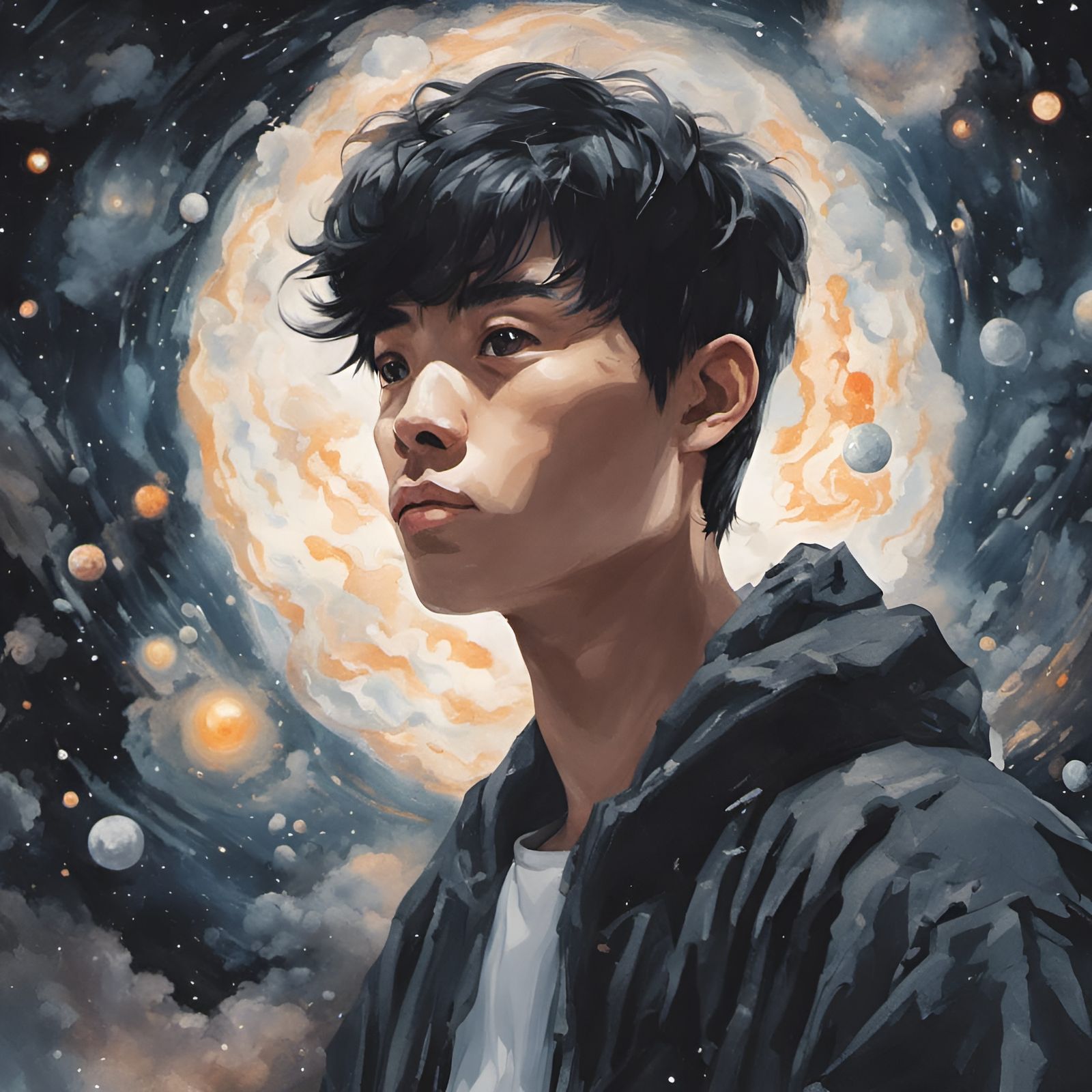 Man Floats Through Universe: Gouache Fantasy Art