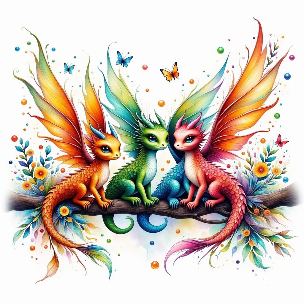 Colorful Baby Dragons on Branch, Ink Splatter Art