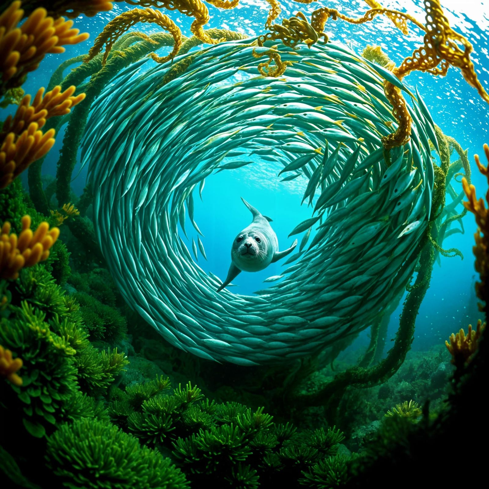 Seal in Baitball Tornado: Underwater Circle of Life
