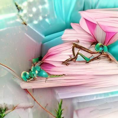 Praying Mantis in Bed of Pink and Teal Flowers