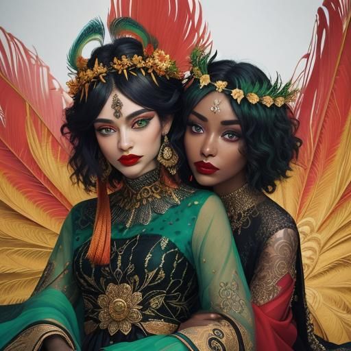 Metallic Woman with Peacock Hair, Cinematic Still