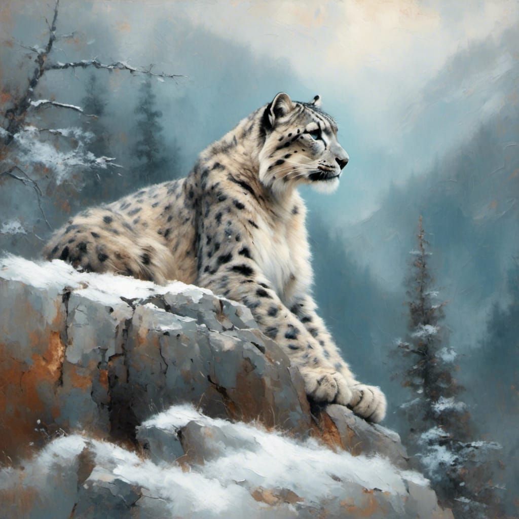 Snow Leopard in Snowy Mountain Forest Painting
