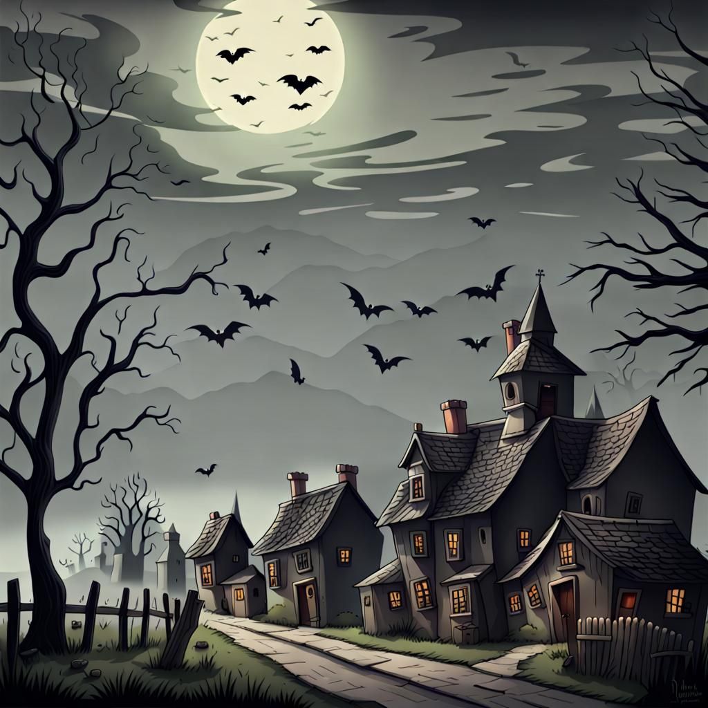 Haunted Countryside Village: Spooky AI Art
