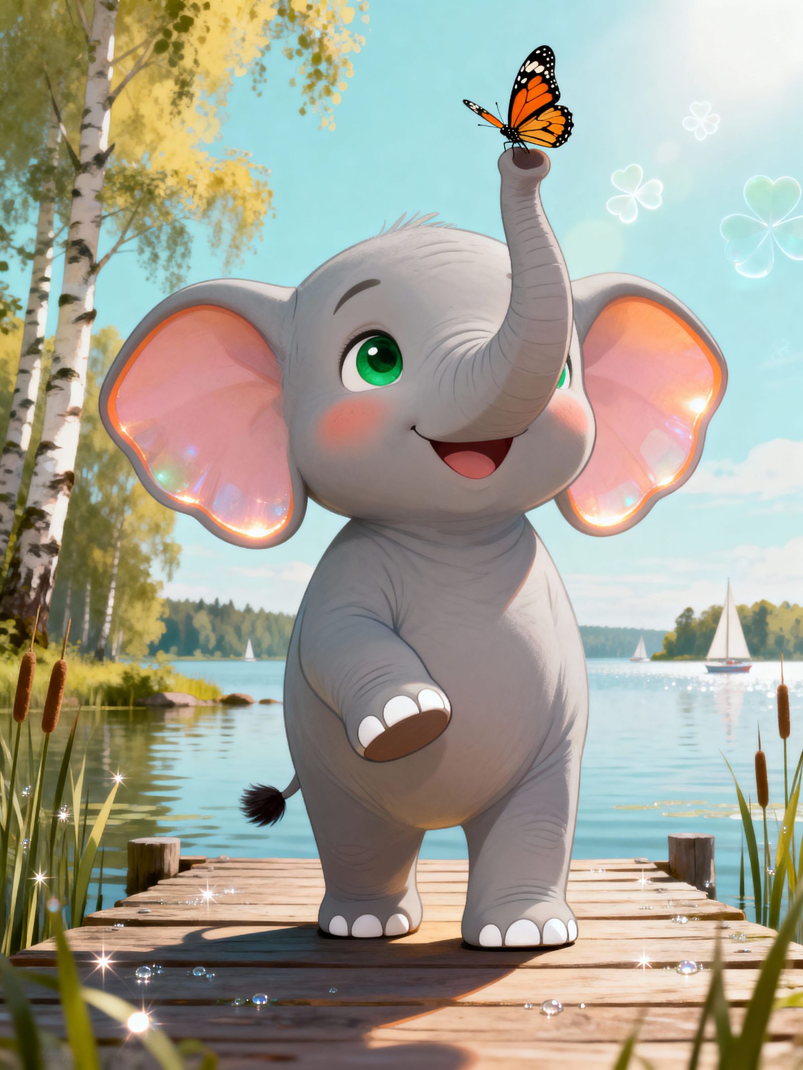 Cute Baby Elephant on Pier in Masurian Lake Scene