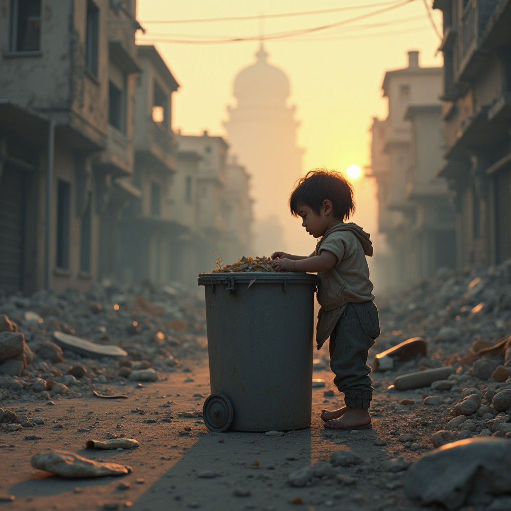 Child's Desperate Search in War-Torn Cityscape