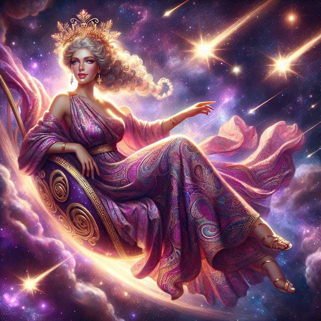 a voluptuous, Greek goddess, Came Riding a purple star Wearing a paisley Gown🌟😷👑☄️