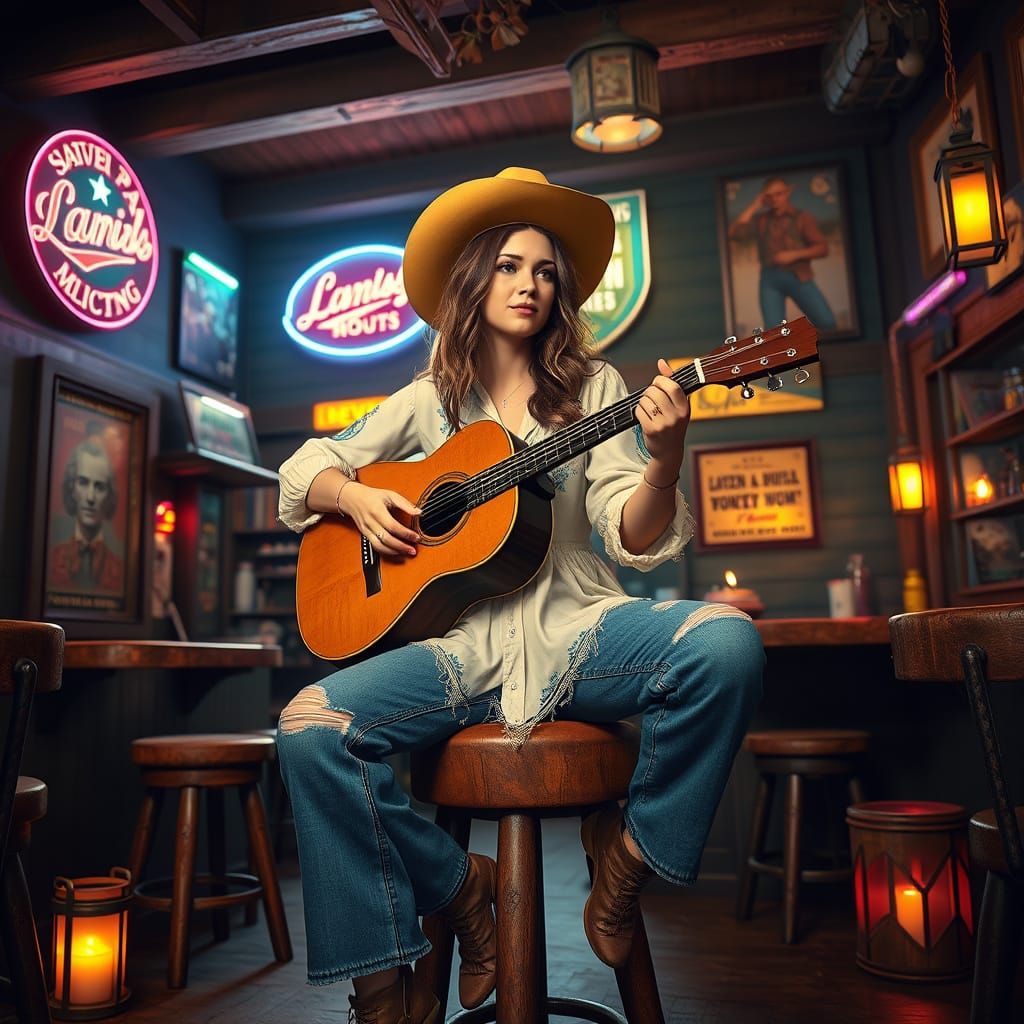 Lana Lang as a playing an acoustic guitar in a country weste...