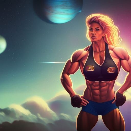 Female Bodybuilder Flexing with Planet and Neon Lights