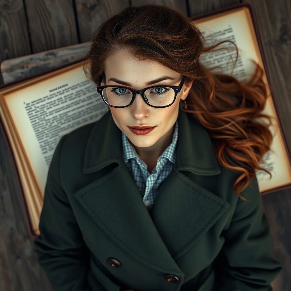 A Young Woman in a Dark Green Trench Coat, Lost in an Old Bo...