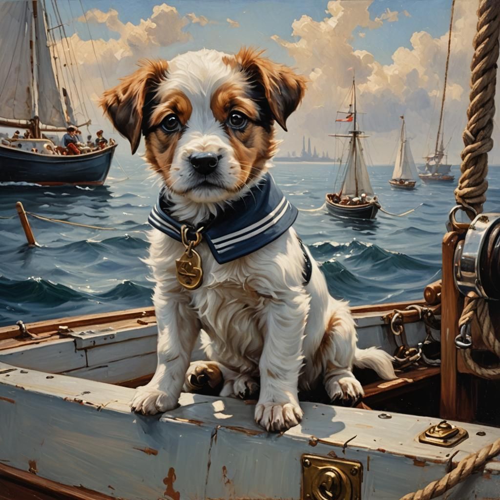 Puppy Sailor on a Boat as Oil Painting