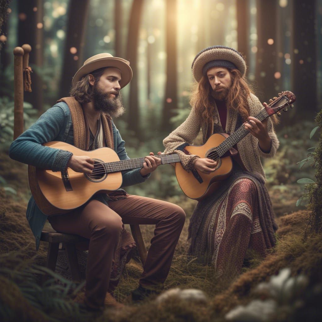 Enchanting Forest Clearing: Hipster Musicians in Bohemian St...