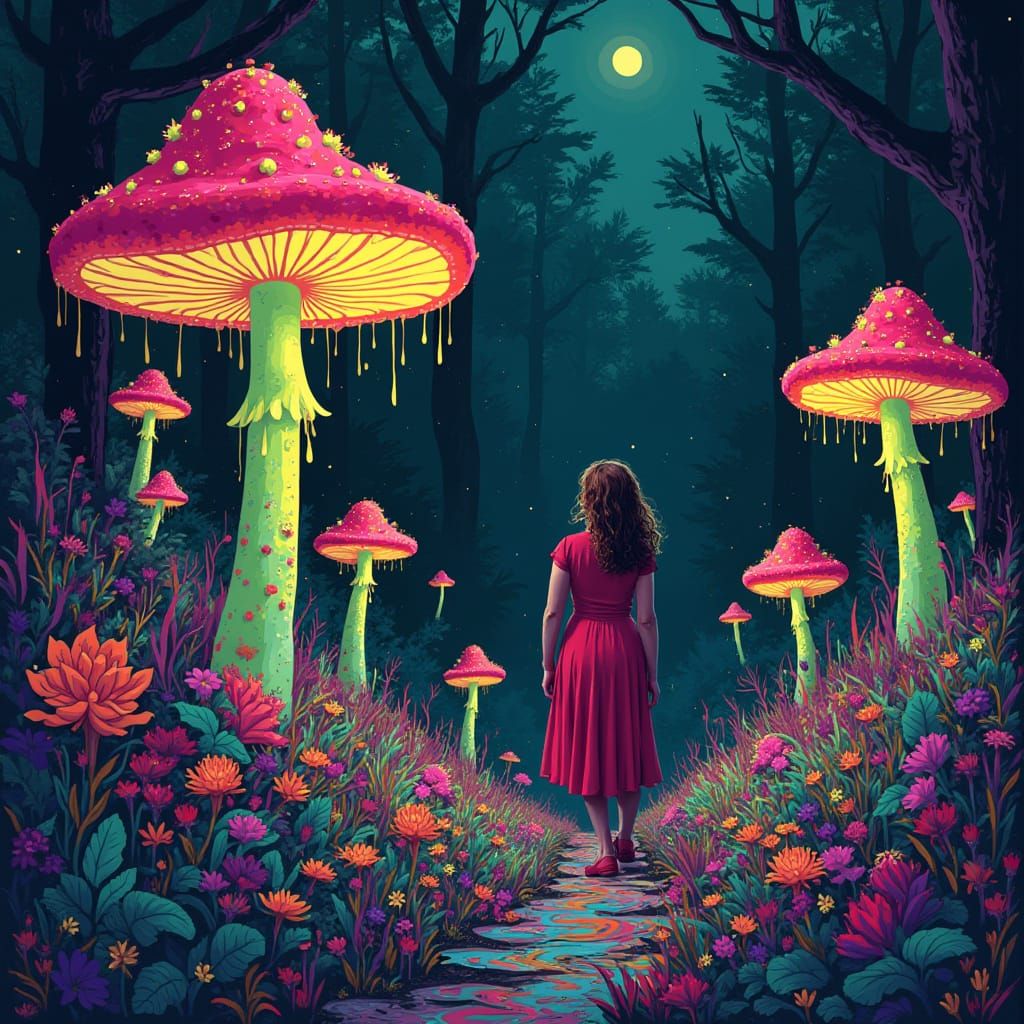 Vibrant Psychedelic Forest Scene with Envy Green Mushrooms