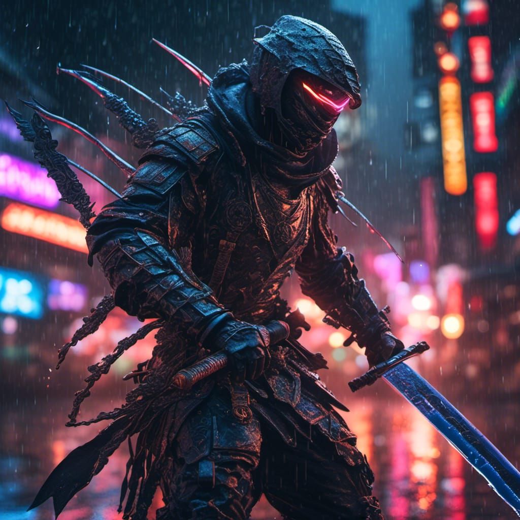 Futuristic Armored Ninja in Rainstorm, Hyperrealistic Style
