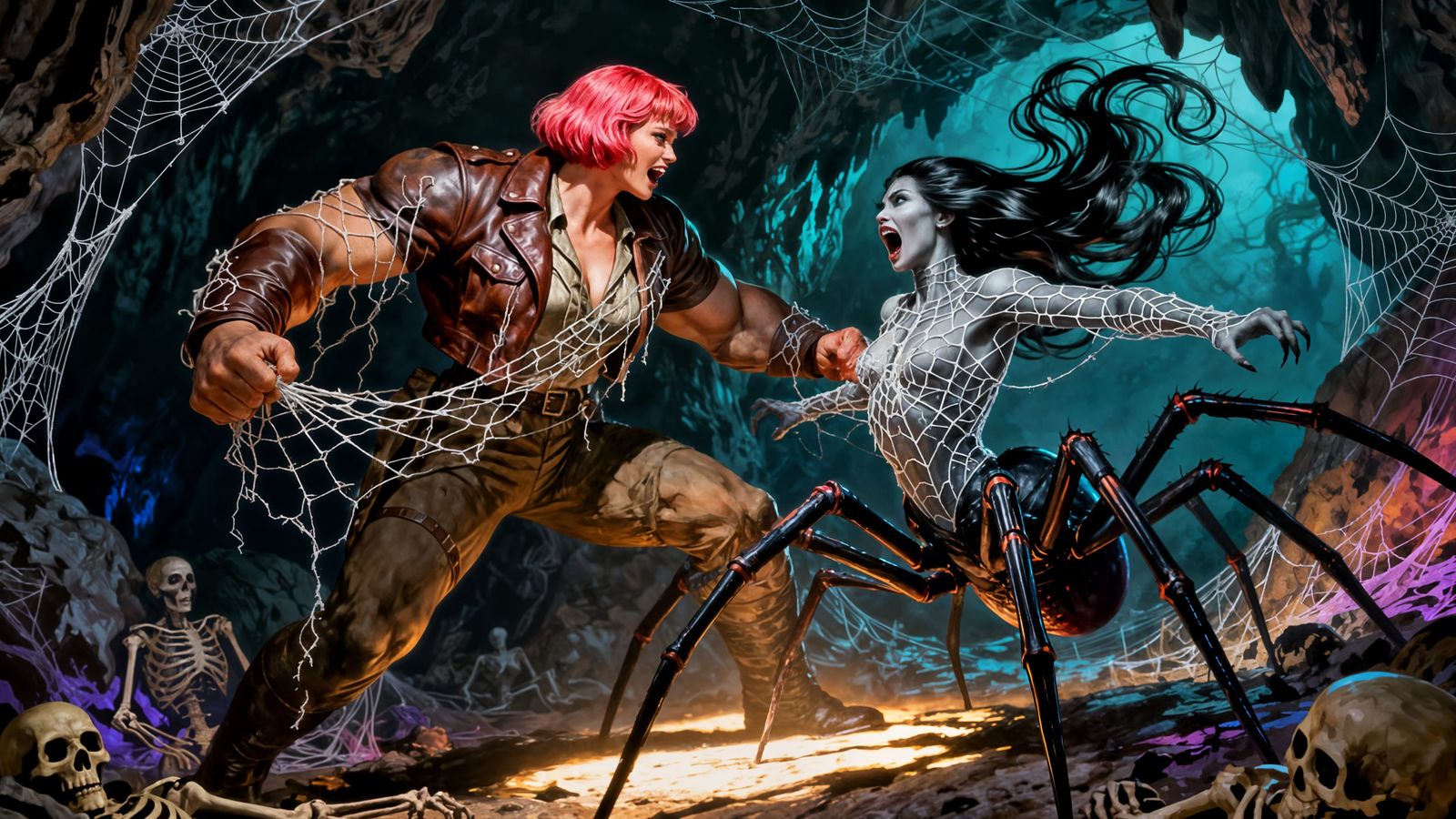 Muscular Giantess Battles Spider Hybrid in Frazetta-Inspired...