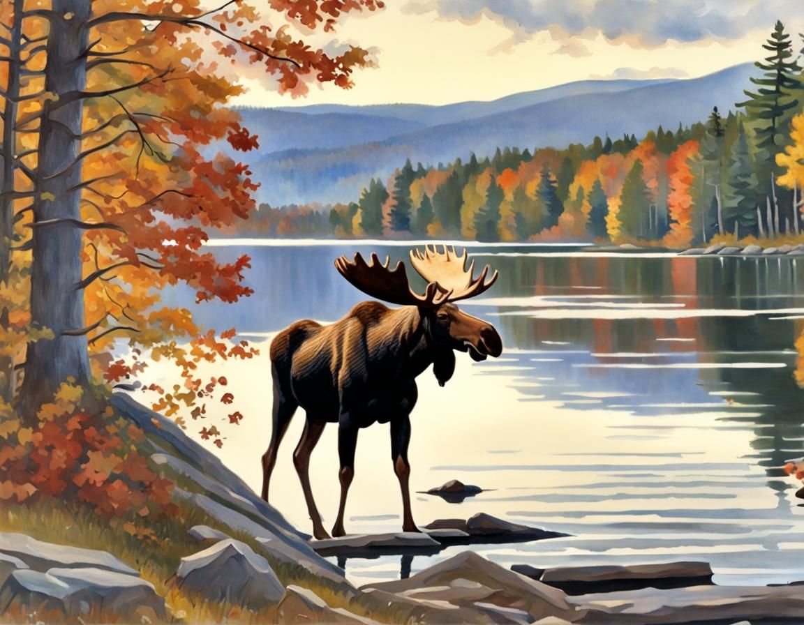 Moose by Lake: Rockwell-esque Autumn Morning in 4K