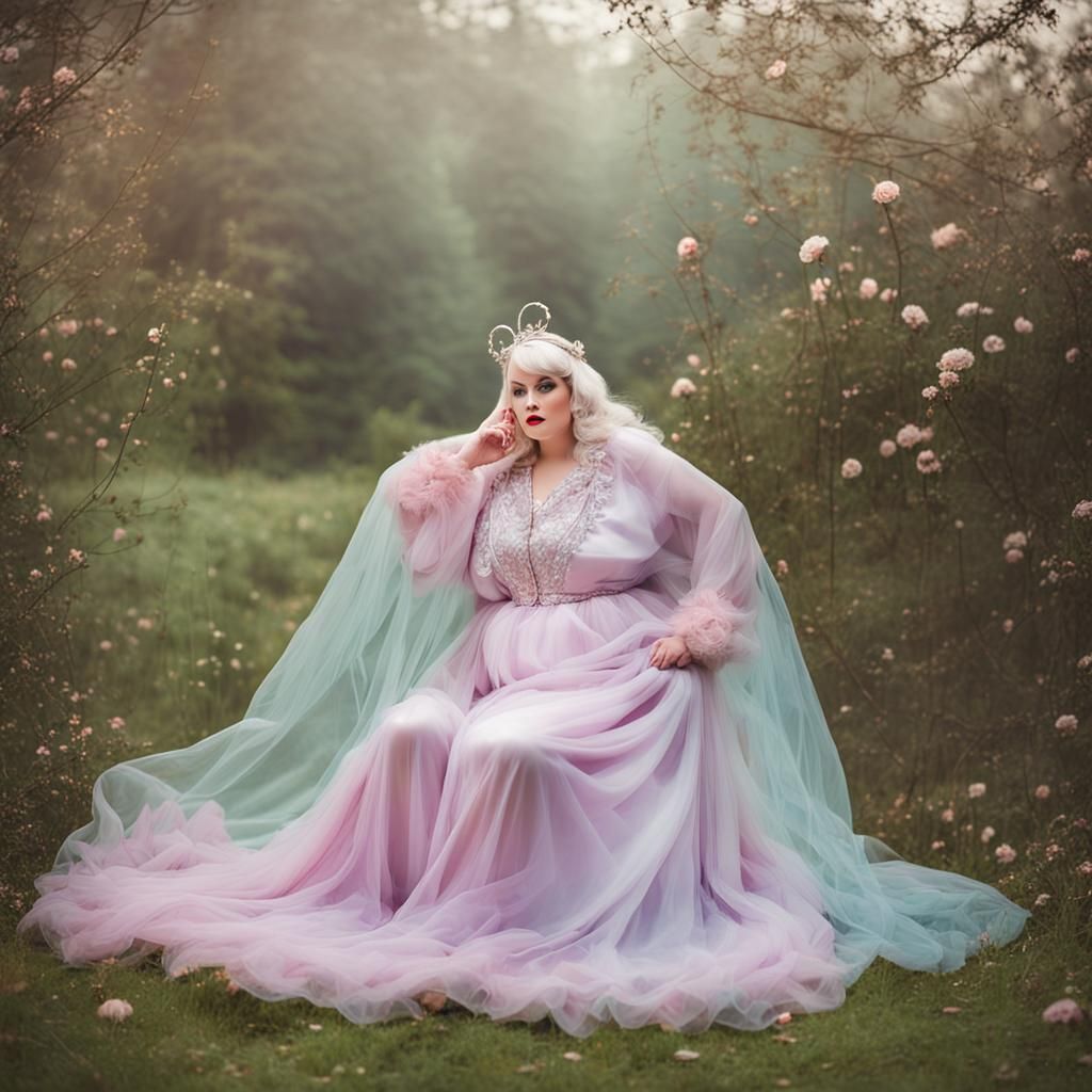 Extravagant Woman in Fairy Ring with Tulle Robe