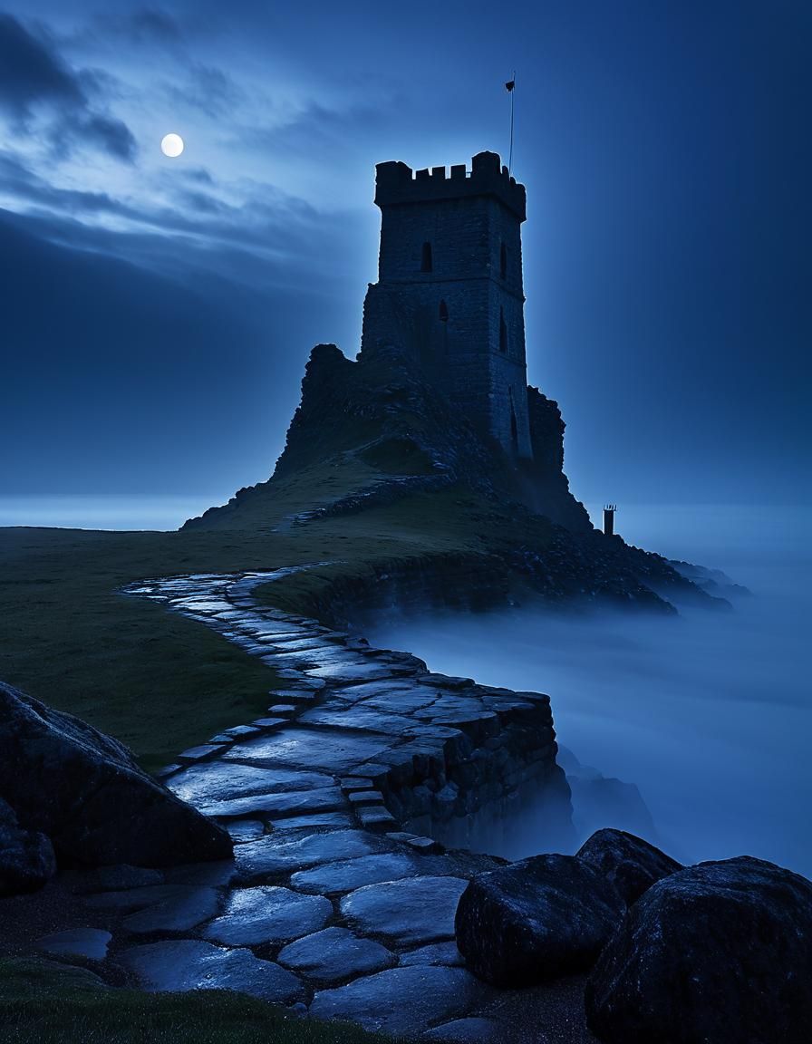 Surreal Twilight Landscape with Tower and Ocean