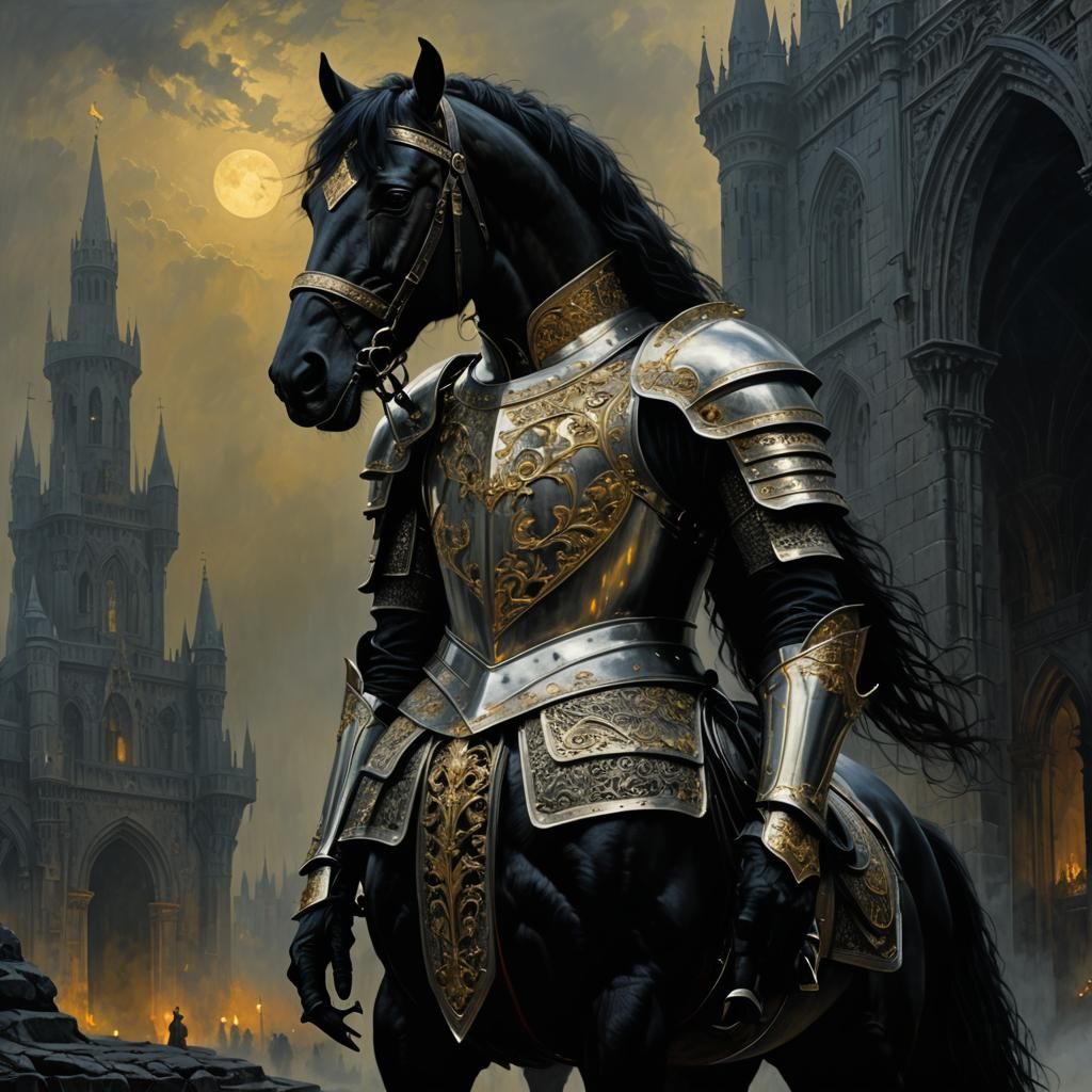 Melancholy Knight on Black Stallion in Beksiński Style