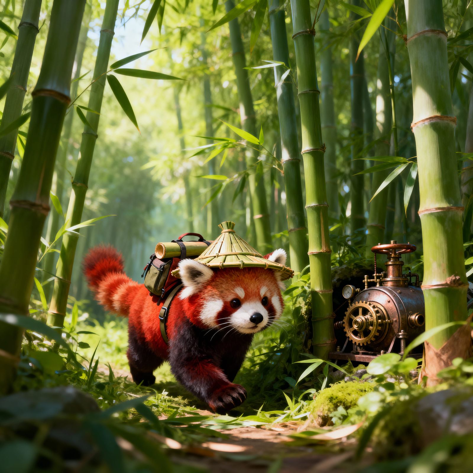 Playful Red Panda Explorer in Lush Bamboo Jungle