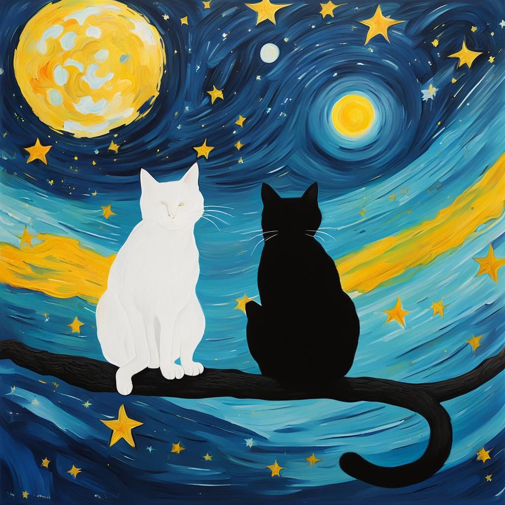 Abstract Starry Sky with Cats in Van Gogh Style