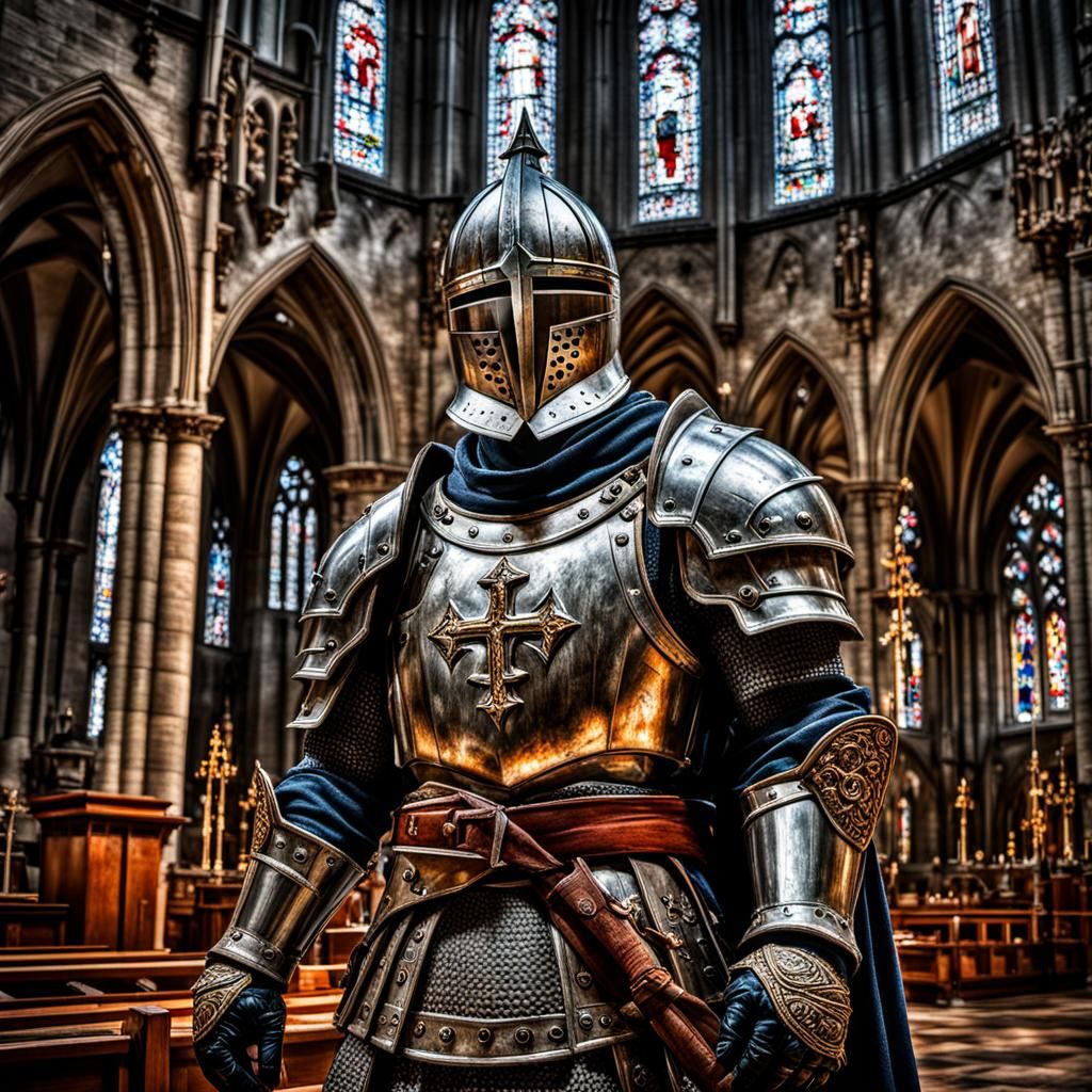 Hyperrealistic Disgraced Knight in Church Ready for Battle