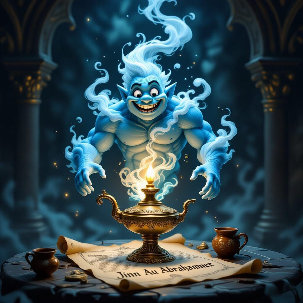 Smoke Golem Emerges from Ornate Lamp: Digital Art