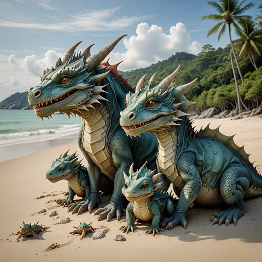 A cute little dragon family on the beach in Phuket, Malaysia