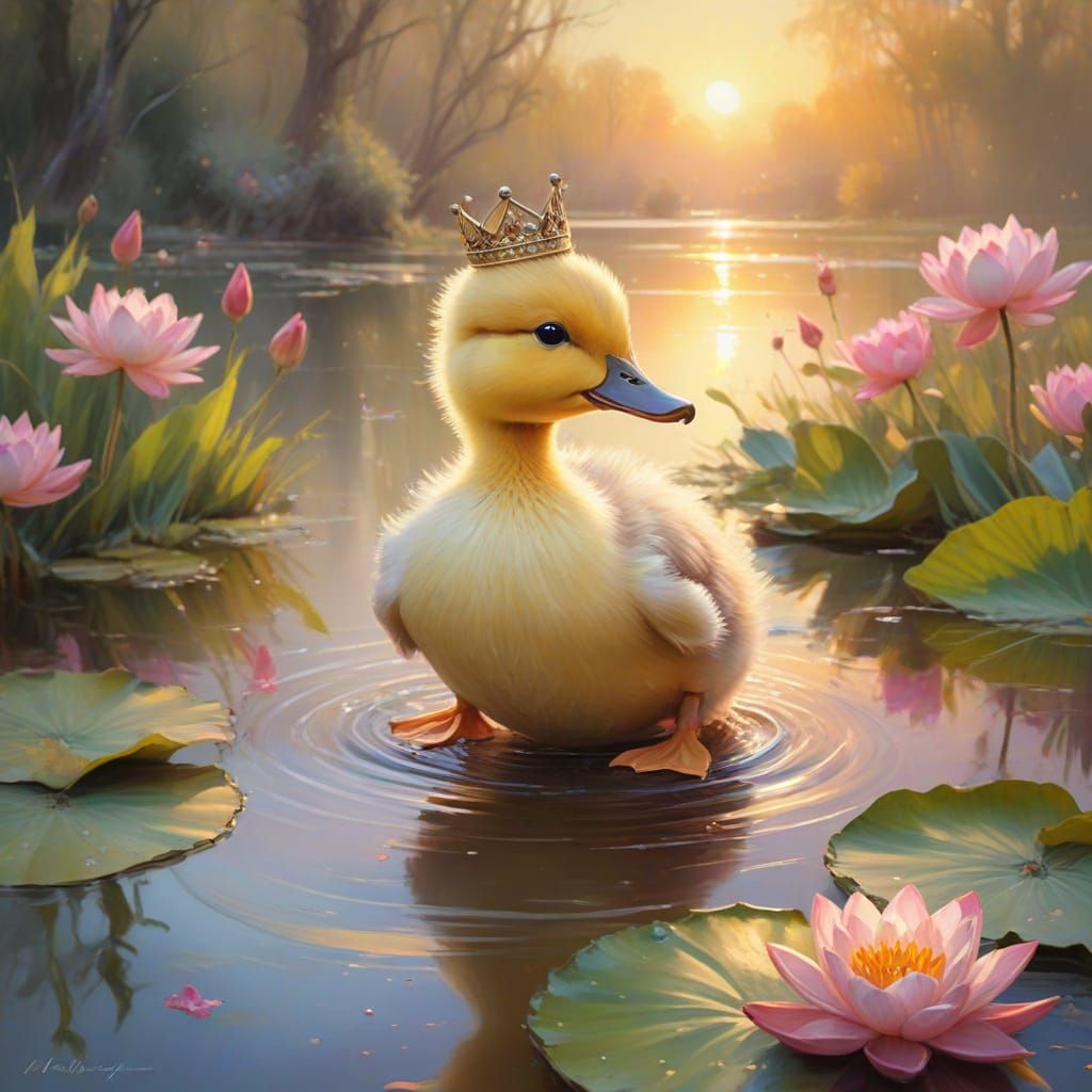 Whimsical Duckling Leaps Across Sparkling Pond at Sunset