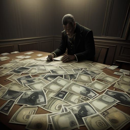 Hyperrealistic Digital Art of Sorting Money in Moody Light