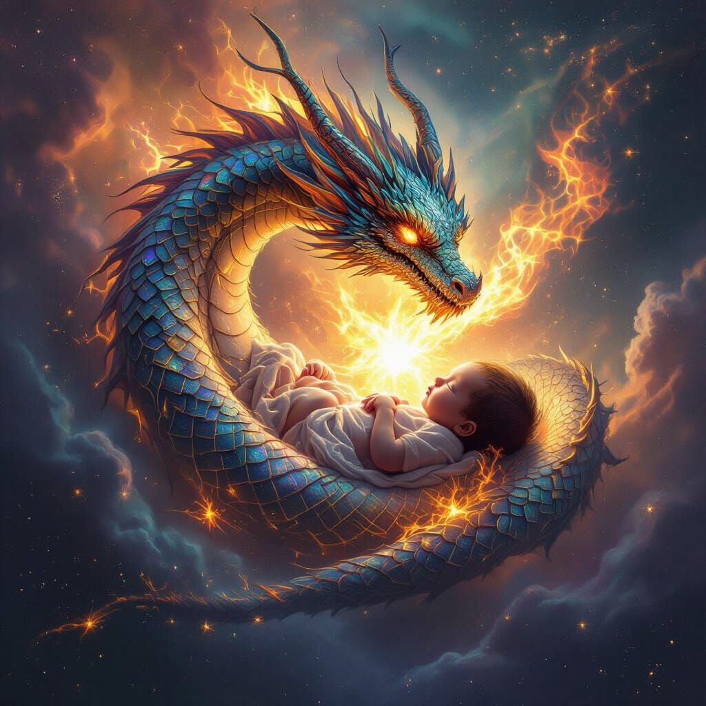 Celestial Dragon Protecting Newborn Star in Fantasy Art