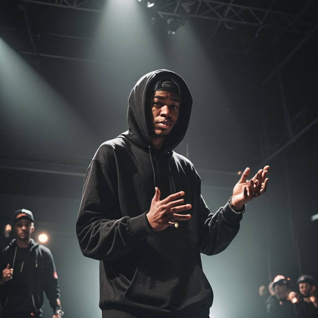 Dramatic Film Still of Rapper on Stage