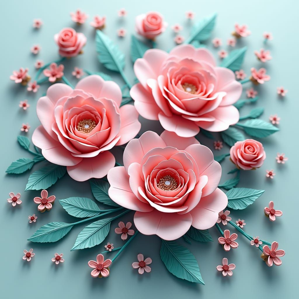 Bejeweled Pink and Turquoise Roses in 3D Anime Art