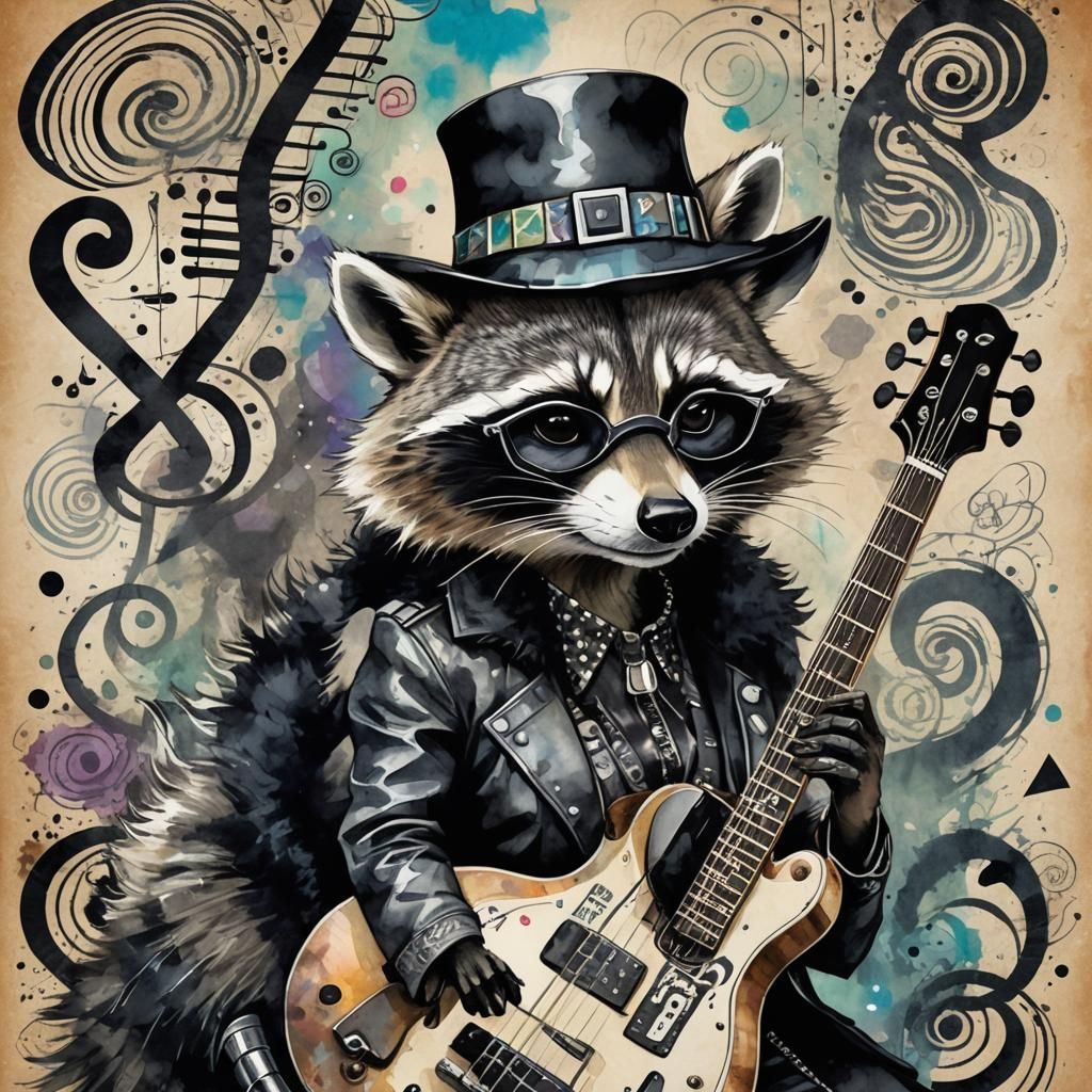 Surreal Jazz Scene with Gothic Raccoon Woman