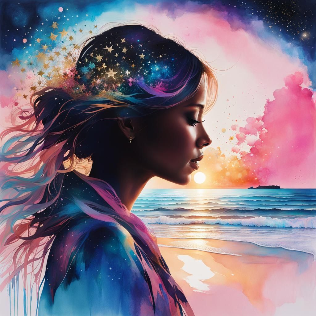 Happy Woman Silhouette at Sunset, Watercolor Style