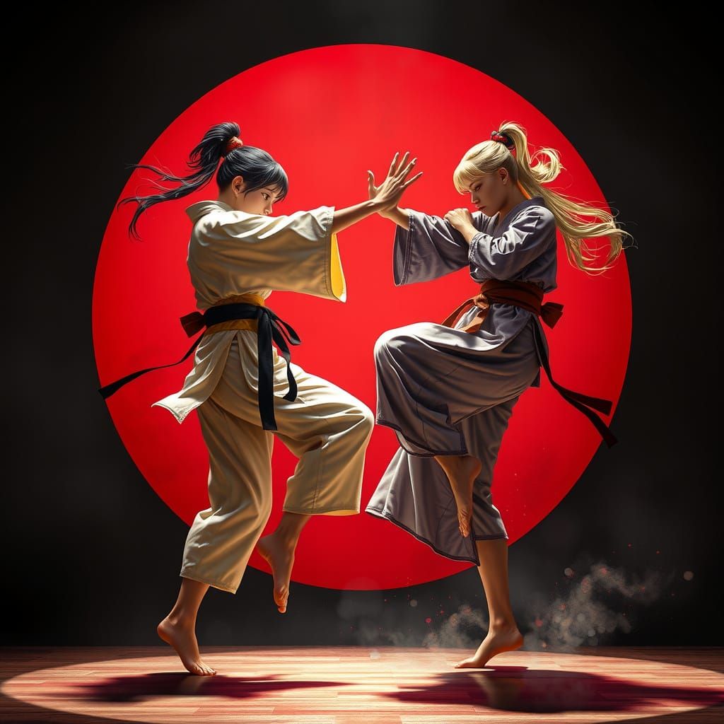Japanese Judokas Clash in Dark Fantasy Art Nouveau Style