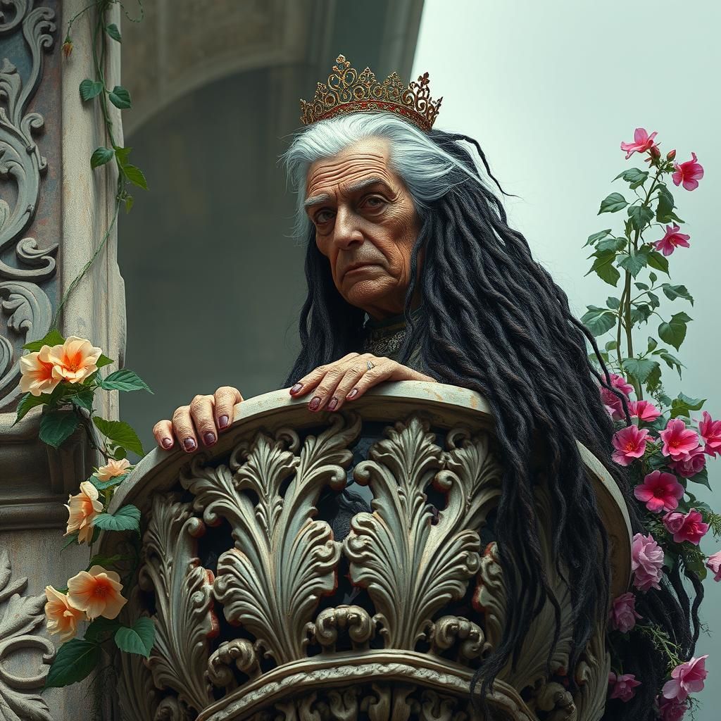 Elderly Transvestite as Juliet on Balcony in Classical Paint...