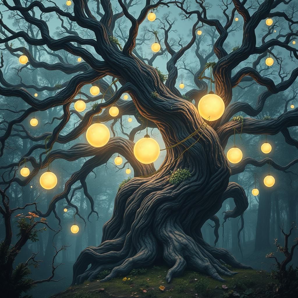 Ethereal Tree with Glowing Orbs in Mystical Forest