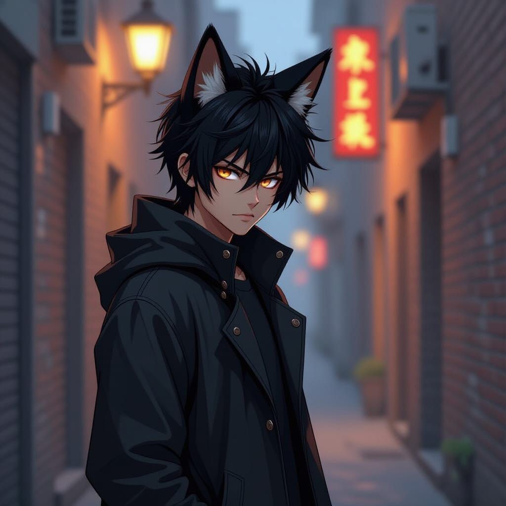 Anime Character in Dark Alleyway with Fox Ears